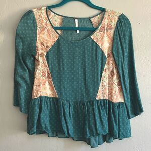 Free People Boho Paisley Teal Pink Peplum top XS